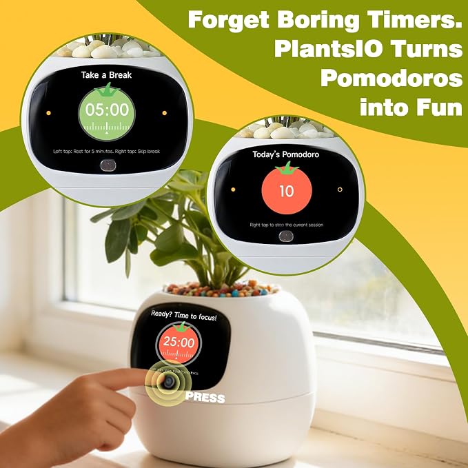 Smart Plant Pot with Visual Display – Soil Moisture, Water Level, Light & Battery Monitor, 80ml Self-Watering Reservoir, Supports 50+ Plants, Pomodoro Timer, Clock & Calendar (White)
