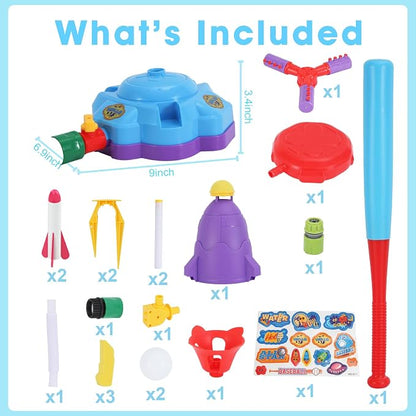 4-in-1 Water Sprinkler Toys for Kids, Outdoor Water Baseball, Rotating Water Spray, Rocket Launcher for Toddlers 3-5, Backyard, Garden, Lawn, and Pool Summer Playset for Boys and Girls Aged 4-12.