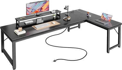 PRAISUN 61" L Shaped Computer Desk, Power Outlets, Monitor Stand, Black | USB-C Ports, Reversible Charging Station, Spacious Desktop & Legroom, 0.94 Inch Thick Desktop, for Gaming, Study & Work