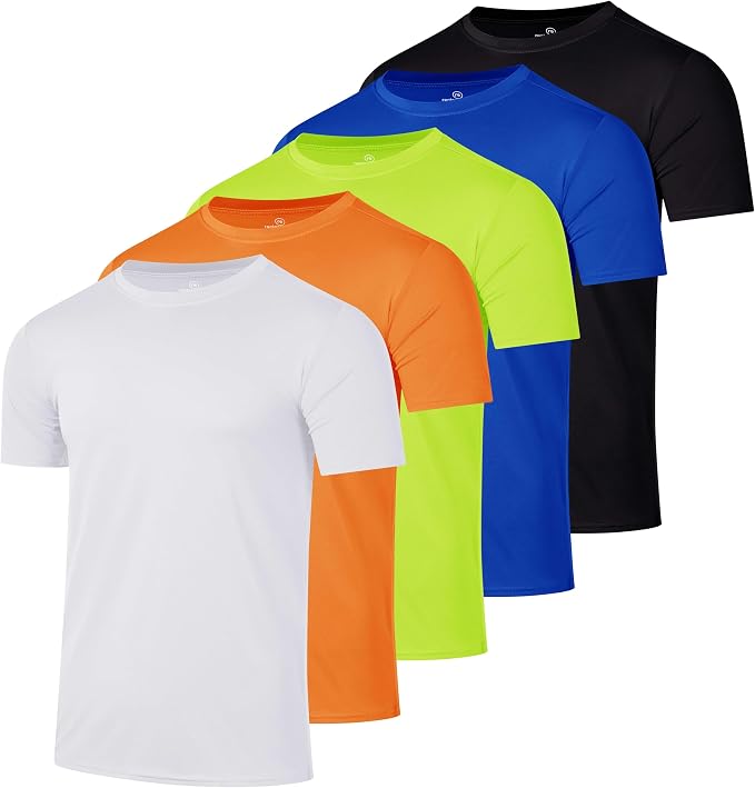 5 Pack Men's Dry Fit Short Sleeve T-Shirt Gym Workout Athletic Running Tee | Cooling, Moisture-Wicking, Crew Neck, Quick-Dry, Breathable, Active, Exercise, Fitness, Basketball, Cycling, Hiking, Tennis