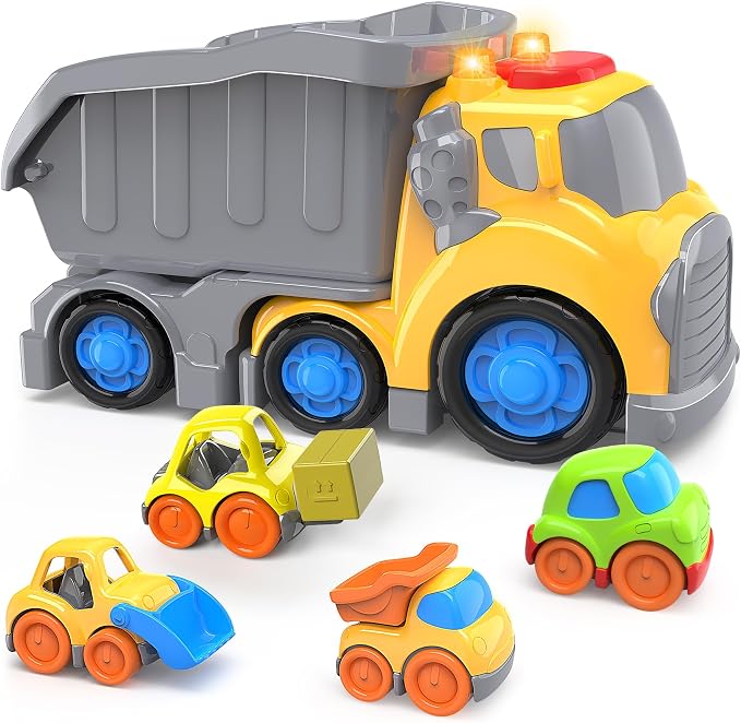 P&C 7.6" Toddler Construction Dump Truck Toys for Ages 2-4, Beach Sand Outdoor Toys Dump Truck Set with Sounds and Lights for Kids 18M+, 2, 3, 4, Ideal Birthday Christmas Gifts for Boys Girls