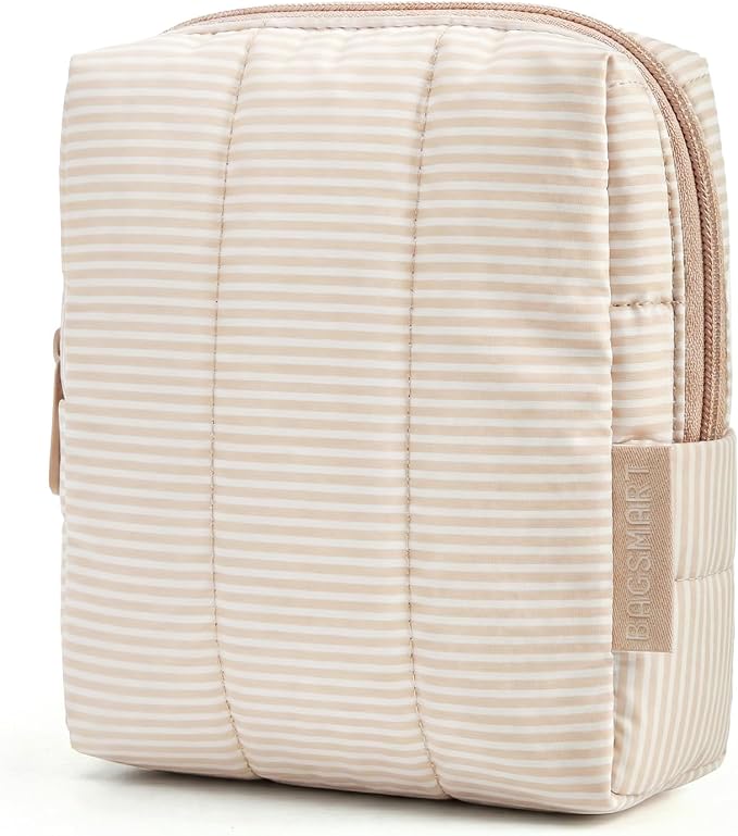BAGSMART Small Makeup Bag for Women with Slip-in Pocket, Strip Khaki | Zipper Pouch, For Purse, Toiletry Pouch, Puffy Padded Mini Cosmetics Bag, Travel Essentials, Cute Make Up Organizer