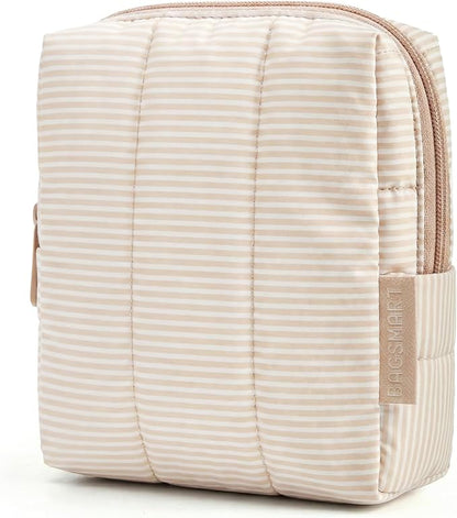 BAGSMART Small Makeup Bag for Women with Slip-in Pocket, Strip Khaki | Zipper Pouch, For Purse, Toiletry Pouch, Puffy Padded Mini Cosmetics Bag, Travel Essentials, Cute Make Up Organizer