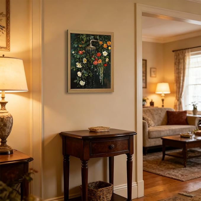 CXQILVER Vintage Framed Floral Bathroom Wall Art Canvas, Green Botanical Flowers Shower Wall Decor, Rustic Farmhouse Bathroom Decor Aesthetic Picture Artwork for Bedroom Living Room Guest Bath 16x24in