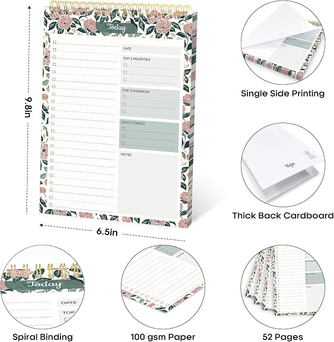 Taja To Do List Notepad, Undated Daily Planner for Work and Goal Setting | Rose Meadow, 52 Sheets, 9.8" x 6.5" , for Office, Home and school, Daily Task Planning, Notes and Everyday Organization