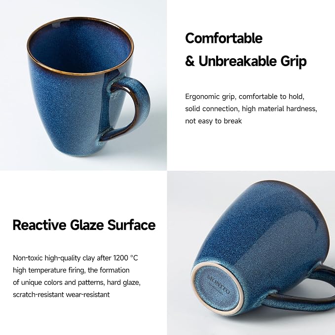 MONITO 17 OZ Coffee Mugs Set of 6, Large Ceramic Blue Coffee Mugs Set with handle for Tea/Latte/Milk/Cocoa, Funny Tea Cups for Office and Home, Engagement Gifts. (Starry Blue)
