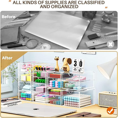 caktraie 4-Pack Acrylic 16-Drawer Storage & Makeup Organizer for Desk | Smooth-glide drawers, clear acrylic, stackable, dustproof, wipe clean, for office supplies, pens, jewelry, makeup