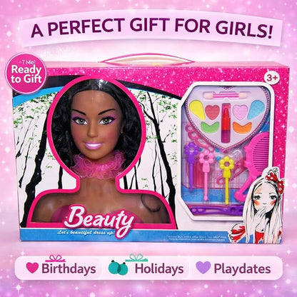 Liberty Imports African American Black Makeup and Hair Styling Doll Head Toy Playset with Real Washable Cosmetic and Fashion Dress Up Accessories for Girls Pretend Play