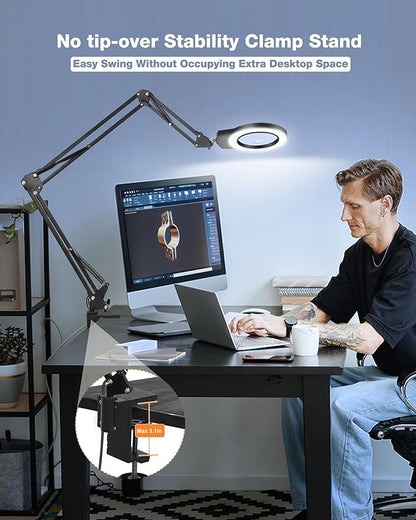 Magnifying Glass Light Stand 10X 5X Swing Arm Desktop Lamp Desk Table Close Work Up for Crafting, Reading, Sewing, Model Assembly, Soldering, Ultra Long 3-Section Design for Large Workbench (Black)