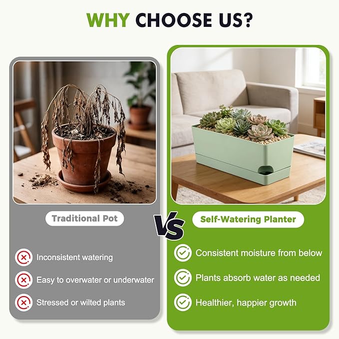 4 Pack Self Watering Pots for Indoor Plants 17 Inches Window Boxes Planters Rectangular Flower Pots Rectangle Herb Pots Large Plant Pots with Drainage Holes and Saucers Windowsill Planter, Green
