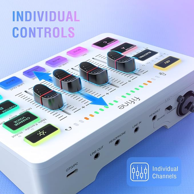 FIFINE Audio Mixer, Gaming Streaming PC Mixer with Slider Fader, XLR Microphone Interface, Monitoring, for Video/Game Voice/Podcast Recording-AmpliGame SC3W | USB PnP For PC,Mute Button,XLR Preamp,RGB,Voice change,48V Phantom Power,Monitoring,Podcast,R...