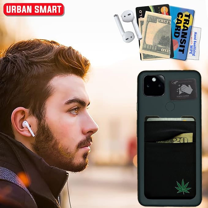 Gecko Travel Tech Double Pocket - Adhesive Card Holder - Cell Phone Pouch - Stick on Spandex Pocket - Carry Credit Cards and Cash (Weed)