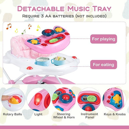 BABY JOY 6-in-1 Baby Walker, Foldable Baby Walker with Wheels, Adjustable Height, Music, Lights, Bouncer & Rocker Mode, Baby Walkers for Boys Girls 6-14 Months (Pink)