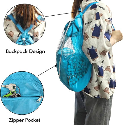 INVODA Mesh Beach Bag Drawstring Beach Backpack Foldable Toy Organizer Bag Shell Adjustable Straps Large Capacity Swim Bag