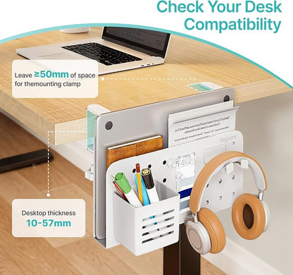 PEGZONE Desk Side Storage Organizer, Fits Flat Edge 0.4" to 2.2", White | No Drill Under Desk Laptop Holder, Clamp on Desks Shelf with Pegboard Accessories, Hanging Laptop Mount