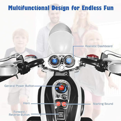 Costzon Kids Motorcycle, 6V Battery Powered Ride on Chopper Motorcycle w/Horn, Headlight, 3-Wheel Stable Ride on Toys, Electric Toddler Motorcycle for Kids, Gift for Boys Girls (White)