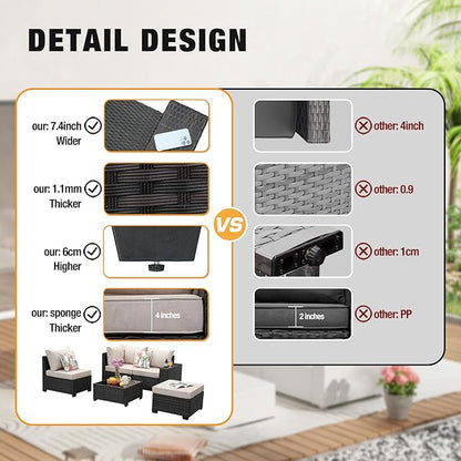 5 Pieces Patio Furniture Set All-Weather Outdoor Wicker Sectional Conversation Sofa Rattan Patio Seating Sofa with Cushion and Glass Table and Ottoman for Porch,Beige