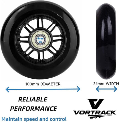 Pro Kick Scooter Replacement Wheels 100mm Pair - High-Speed Smooth Bearings Installed, Heavy Duty PU Wheels for Universal Scooter Repair (Black)