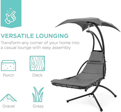 Best Choice Products Outdoor Hanging Curved Steel Chaise Lounge Chair Swing w/Built-in Pillow and Removable Canopy - Charcoal Gray
