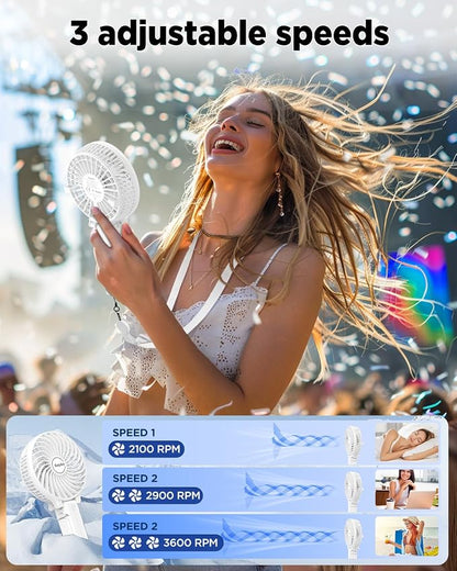 EasyAcc Handheld Fans [2x Crossbody Straps/2xDIY Stickers] for Portable Fan and Phones -Up to 10H Rechargeable Foldable Hand Desktop Fan for Home and Travel - White