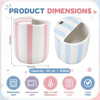 2 Pcs Ceramic Mug with Sip Hole 10 oz Novelty Pink Light Blue Striped Coffee Mug Hand Painted Ceramic Cup Heat Resistant Non Slip Built in One Lid Handcraft Mugs for Coffee Lovers Gift