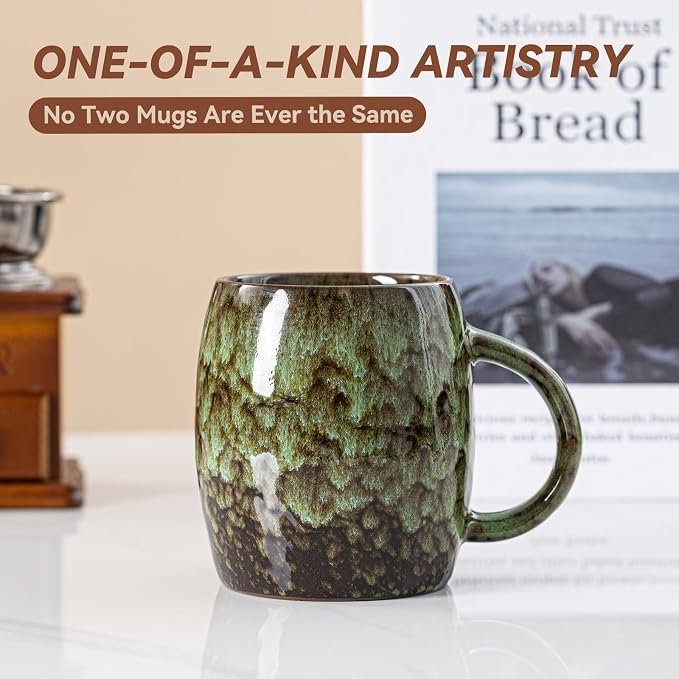 Unique Reactive Glaze Ceramic Coffee Mug - 14 oz Large Coffee Cup with Ergonomic Handle, Forest Green Ceramic Mug for Office & Home, Great Birthday Gift for Women, Men & Friends, Microwave Safe