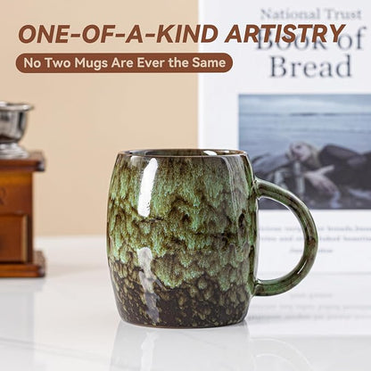 Unique Reactive Glaze Ceramic Coffee Mug - 14 oz Large Coffee Cup with Ergonomic Handle, Forest Green Ceramic Mug for Office & Home, Great Birthday Gift for Women, Men & Friends, Microwave Safe