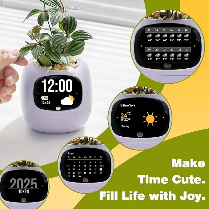 Smart Plant Pot with Visual Display – Soil Moisture, Water Level, Light & Battery Monitor, 80ml Self-Watering Reservoir, Supports 50+ Plants, Pomodoro Timer, Clock & Calendar (Purple)
