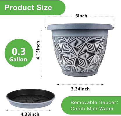 6 Inch Flower Pots Planters for Indoor Outdoor Plants, 6 Pack Plastic Small Plant Pots with Drainage Hole & Tray, Modern Decorative Garden Pot with Saucer, Plant Container for House
