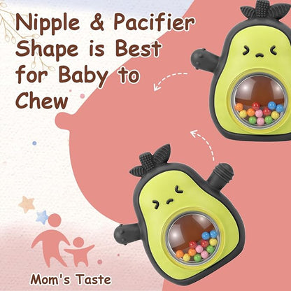 Baby Rattle Teething Toys Silicone Avocado Teething Mitten Sensory Toys for Grasping Chewing Sucking Hearing Needs-Baby Teether for Teething Relief-BPA Free Infant Toys Baby Shower Gifts (Black)