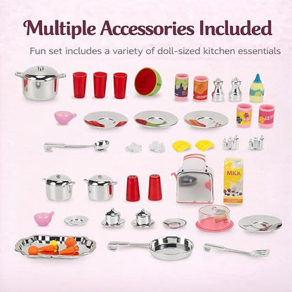 Doll Kitchen Playset for Kids, My Modern Mini Kitchen House Furniture Pretend Play Toy Accessories Set with Realistic Lights & Sounds for Toddlers, Girls (4-in-1)