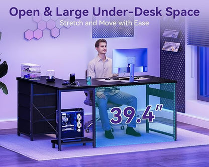 AODK 53" L Shaped Gaming Desk with 4 Drawers and Power Outlets, Black | USB Ports, PC Tower Stand, Hooks, Reversible Corner Layout for Gaming Rooms, Bedrooms and Home Office