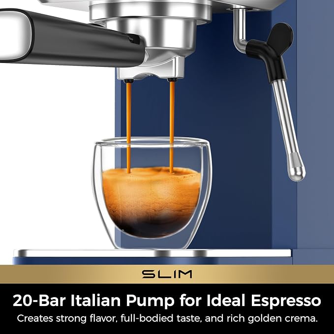 CHULUX Slim Espresso Machine with Milk Frother for Home Latte, Dark Blue | Precise Pressure Gauge, Food-Grade Materials, 20 Bar Italian Pump, Professional Temperature Control System, Stainless Steel