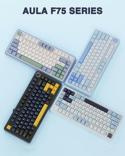 AULA F75 75% Wireless Mechanical Keyboard, Hot Swappable Creamy Keyboard, Pre-lubed Greywood Switches RGB Backlit Gaming Keyboards, 2.4GHz/Type-C/BT5.0(Salt White Blue)