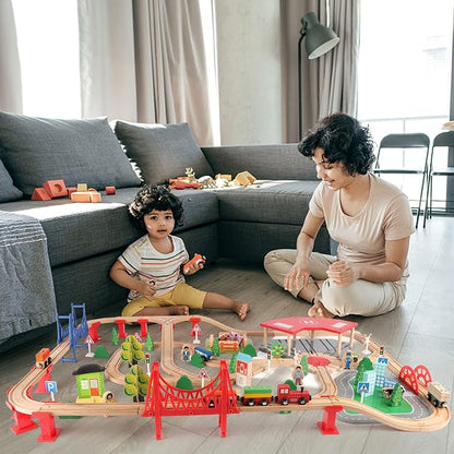 Qilay 140 Pcs Wooden Train Set, Delux Toddler Train Set Railway Kits for Kids, Premium Wood Friendly Building Construction City Train Tracks Toy for 3,4,5 Year Old Boys and Girls