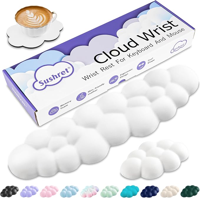 Sushret Cloud Wrist Rest Keyboard, Cloud Keyboard Wrist Pad Set with PU Leather Memory Foam, Cute Arm Rest for Palm Support, PC/Gaming Desk Accessories/Office Setup/Computer Hand Cushion - White