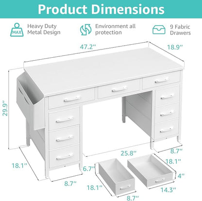 Lufeiya 47 Inch Computer Desk with 9 Drawers, Office Desk Work Desk for Home Office, Study, Writing, Vanity Desk with Fabric Drawers on Both Sides, Large Storage, White