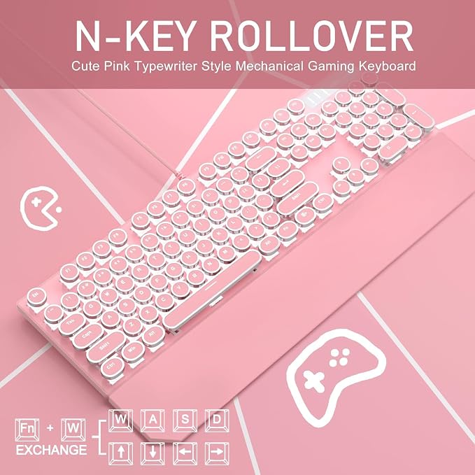 Camiysn Typewriter Style Mechanical Gaming Keyboard, Pink Retro Punk Gaming Keyboard with White Backlit, 104 Keys Blue Switch Wired Cute Keyboards, Round Keycaps for Windows/Mac/PC