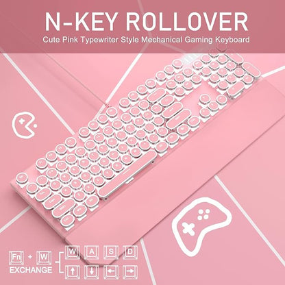 Camiysn Typewriter Style Mechanical Gaming Keyboard, Pink Retro Punk Gaming Keyboard with White Backlit, 104 Keys Blue Switch Wired Cute Keyboards, Round Keycaps for Windows/Mac/PC