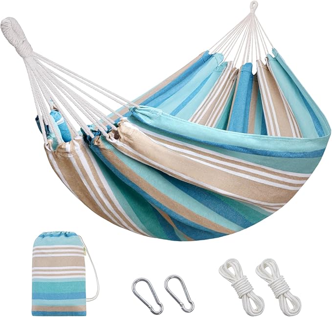 Brazilian Hammock with Tree Straps - Canvas Hammocks Portable Hammock with Carry Bag for Backyard, Porch, Outdoor and Indoor Use Blue & Green