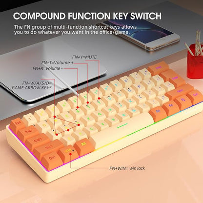 Snpurdiri 60% Wired Gaming Keyboard, RGB Backlit Ultra-Compact Mini Keyboard, Waterproof Mini Compact 61 Keys Keyboard for PC/Mac Gamer, Typist, Travel (Orange and Cream) | Backlit Ultra-Compact Mini Gaming Keyboard for PC/Mac Gamer, Typist, Travel