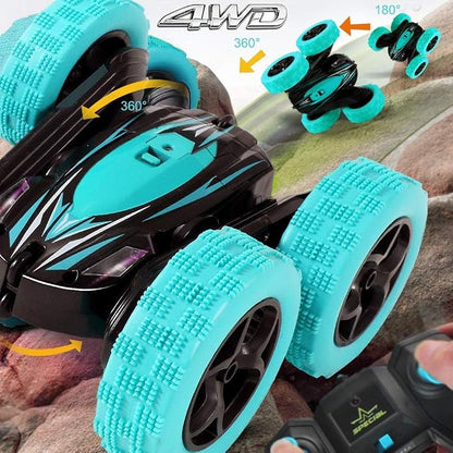 Remote Control Car: Double Sided 360°Rotating 4WD RC Cars 2.4GHz Electric Race Stunt Toy Car Rechargeable Toy Cars for 6 7 8 9 10 11 12 Year Old Boys Girls Kids Christmas Birthday Gifts Cyan