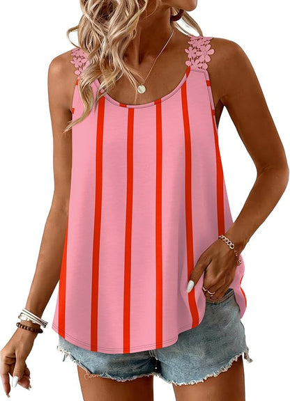 OFEEFAN Tank Top for Women Loose Fit Crew Neck Sleeveless Shirts Strap Lace Camisole Chiffon Summer Tops Curved Hem