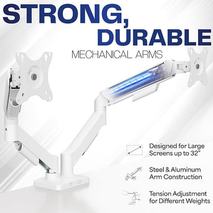 VIVO Dual Monitor Stand, Fully Adjustable Arms for 17 to 32 inch Screens, Mechanical Articulating Desk Mount, Gaming and Office Setups, VESA 75x75, 100x100, Max 19.8 lbs, Classic, White, STAND-V002OW