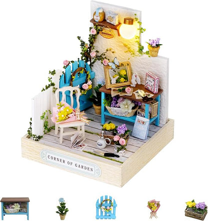 Kisoy Dollhouse Miniature with Furniture Kit, DIY 3D Wooden DIY House Kit with Dust Cover,Handmade Tiny House Toys for Teens Adults Gift(Corner of Garden)