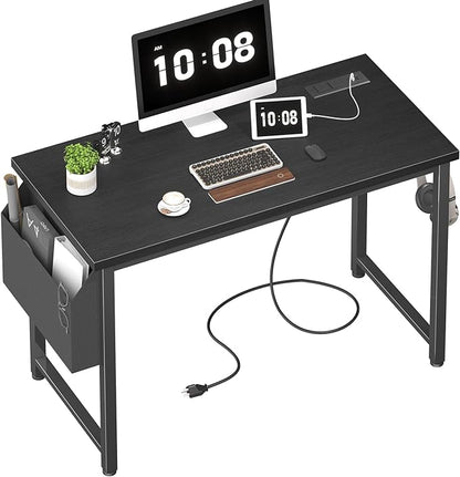 Lufeiya 39 inch Computer Desk with Power Outlet, 40 inch Teen Study Table Home Office Work Writing Desks with Charging Station Outlets Built in, Black