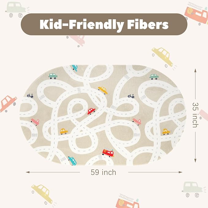 LIVEBOX 4'x6' Toy Car Rug for Kids Room, Machine Washable Area Rug, Non-Slip Road Mat for Playroom, Educational Car Playmat for Nursery, Skin-Friendly Carpet for Bedroom, School