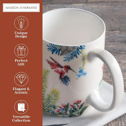Maison d' Hermine Coffee Mug with Handles Tea Cups (12 Ounce, Pack of 1) | Fine Bone China Coffee Mugs for Hot Beverages Cappuccino Latte Home Restaurant Hotel Spring Summer -Tropiques - Colibris