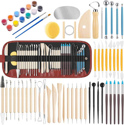 12 lb Natural Air-Dry Clay + 52 pcs Pottery Tools + Storage Box,Ideal for Wheel Throwing,Hand Building,Sculpting;Great for All Skill Levels (12lb+Tools(52pcs)+Box, White+Terracotta)