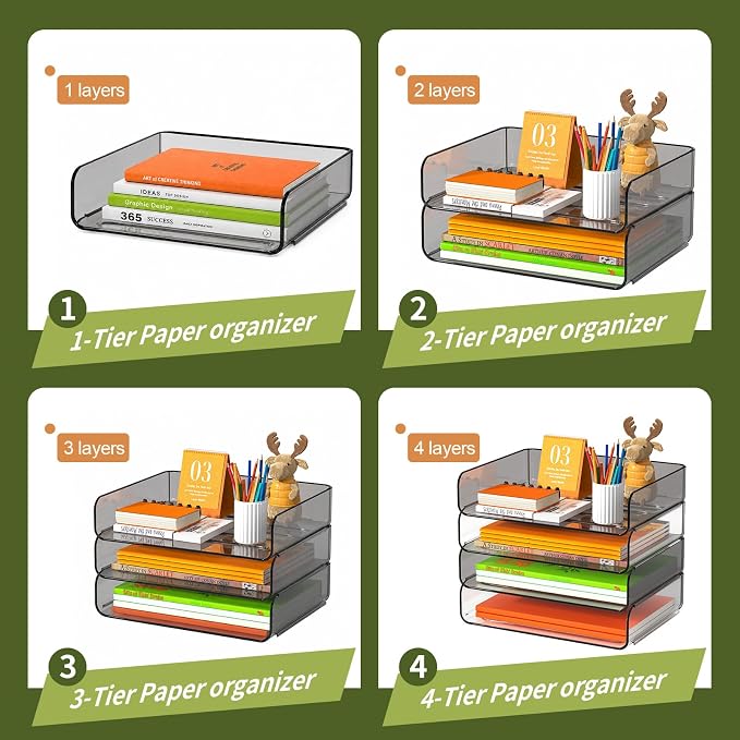 FANXIYQ 4-Tier Acrylic Paper Tray Organizer, Clear & Brown Paper Organizer | Stackable, Tool-Free Design with 2-4 Tiers for A4 Paper, Files, Books and Mail; Ideal for School, Home Office and Study Room